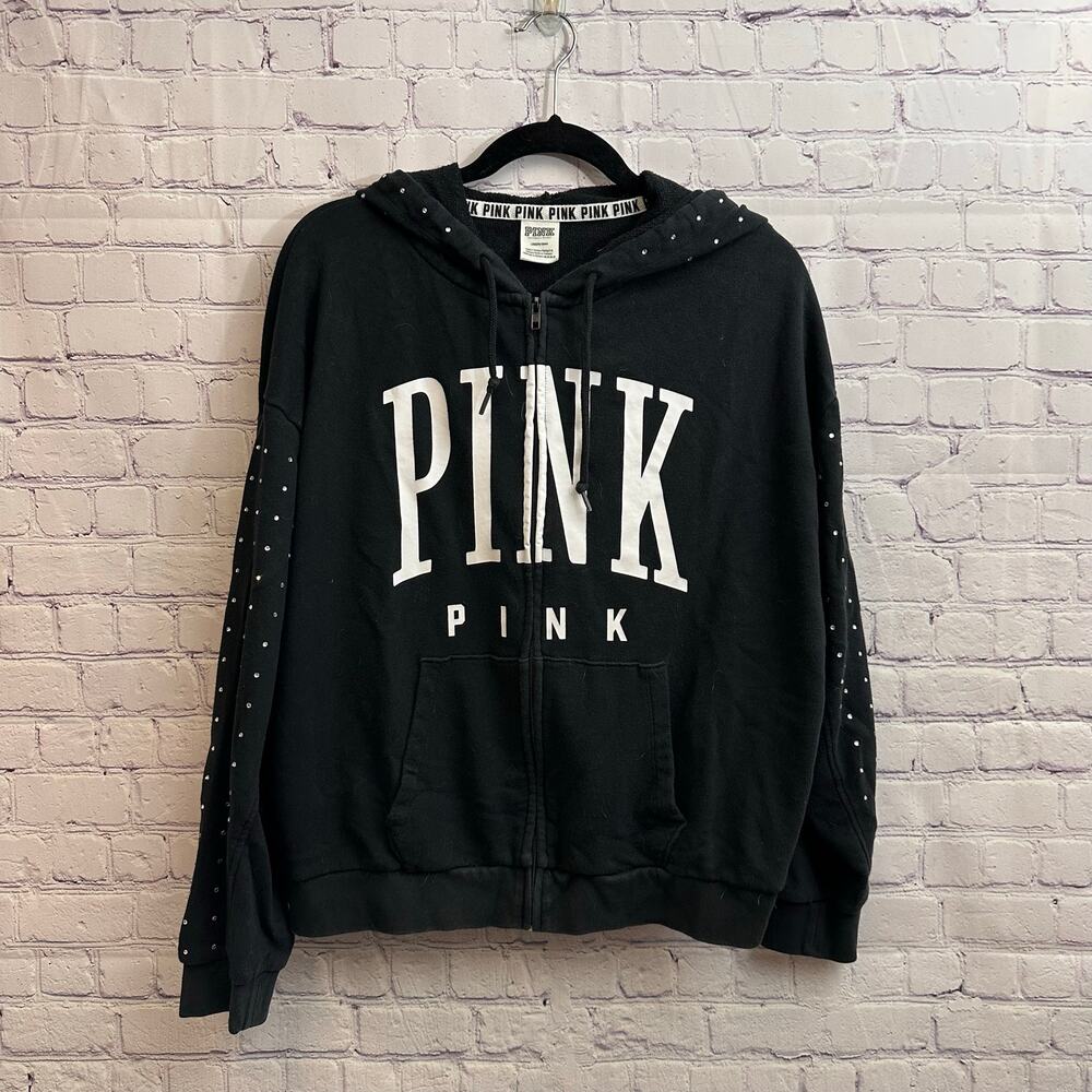 Victoria's Secret PINK Full Zip Hoodie Bling Rhinestone Stud Sleeves Size Large